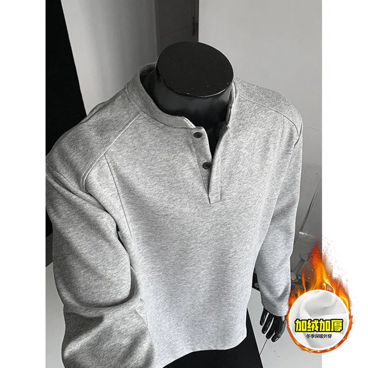 浅灰色美式亨利领加绒卫衣男秋冬潮牌正肩长袖t恤立领polo打底衫