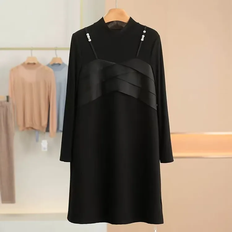 X0915  黑色连衣裙拼接长袖中腰秋季连衣裙宽松休闲针织秋冬圆领