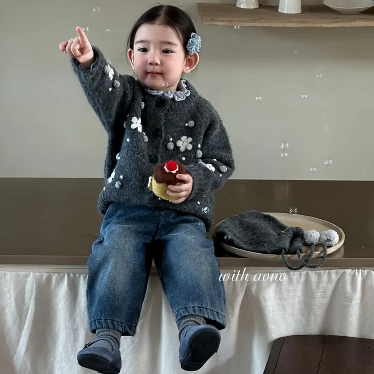 AONO·厚款单排扣加绒森系风女童针织常规款小童毛衣