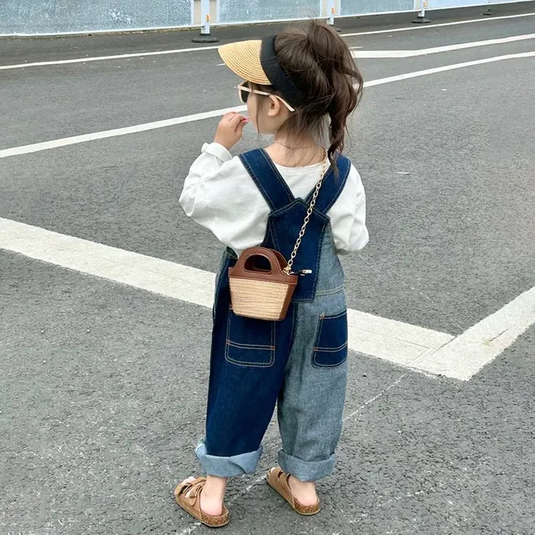 款春季韩版儿童背带裤女童牛仔背带裤春秋季新款宝宝时髦撞色牛仔