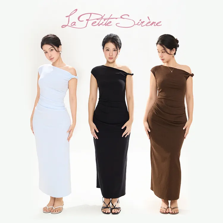 LPS｜【小黑裙3.0】郭卷毛同款黑色斜肩气质收腰长裙L33777JM52