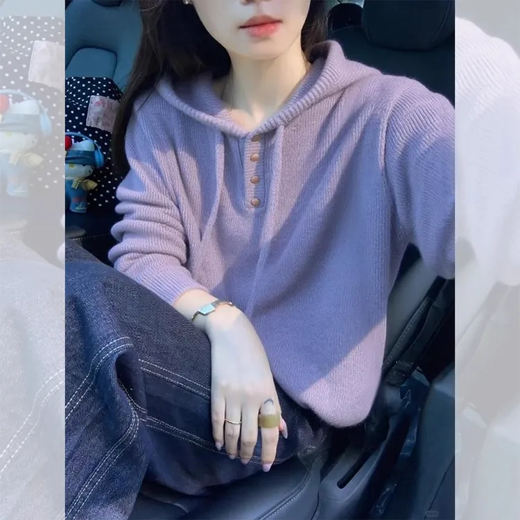 2025新款今年流行爆款韩系独特漂亮连帽上衣紫色针织衫毛衣女秋冬