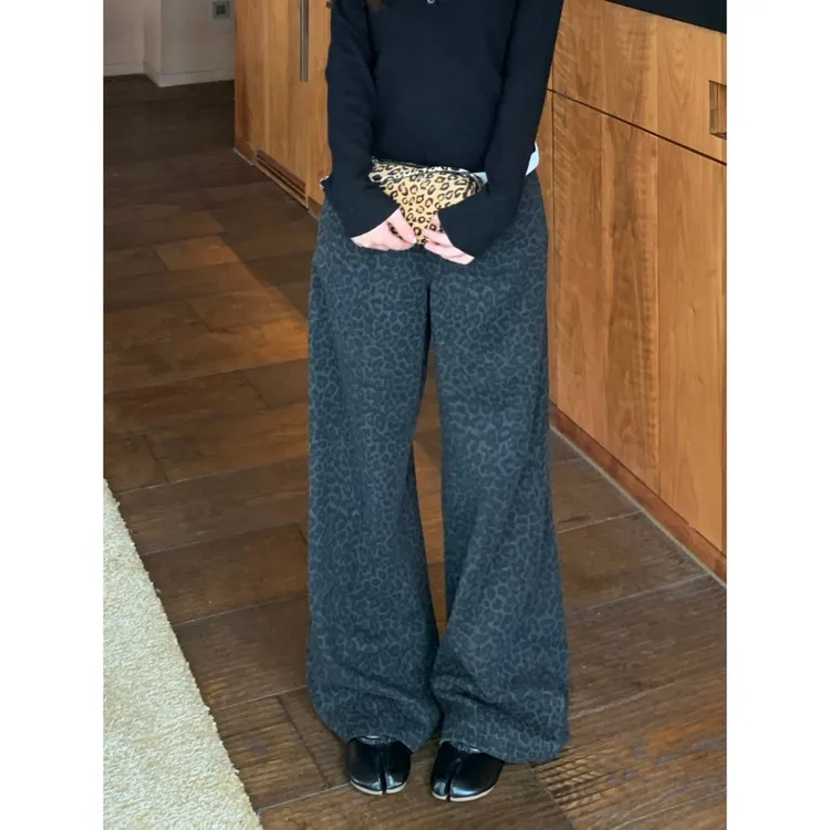 H1878【狩猎时刻】美式复古新款宽松直筒裤子高级豹纹休闲裤女