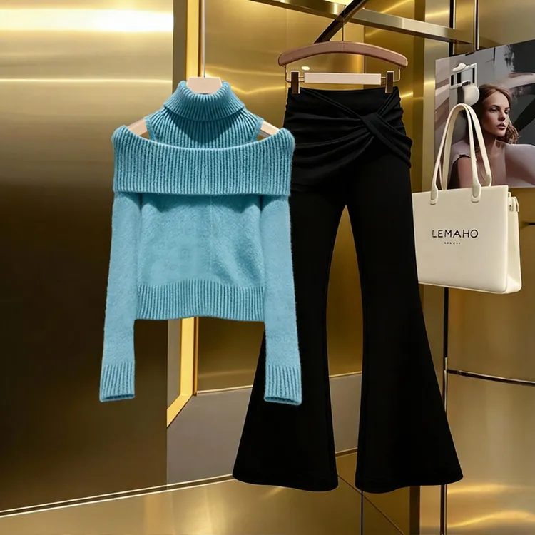 韩系冬季爆款减龄堆堆领蓝色针织衫上衣假两件微喇西装裤两件套女