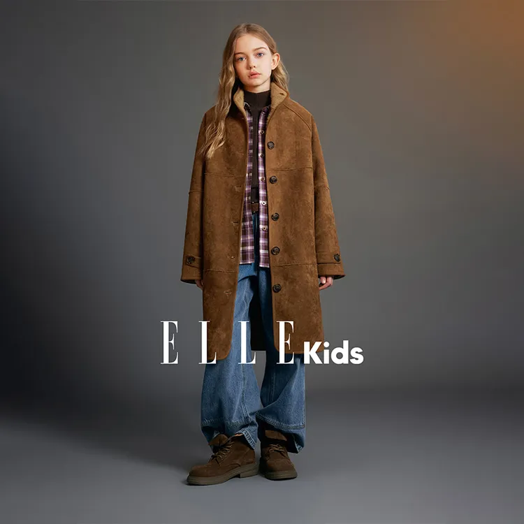 ELLE KIDS童装 皮毛一体外套女童冬季新款仿麂皮中长廓形大衣D5