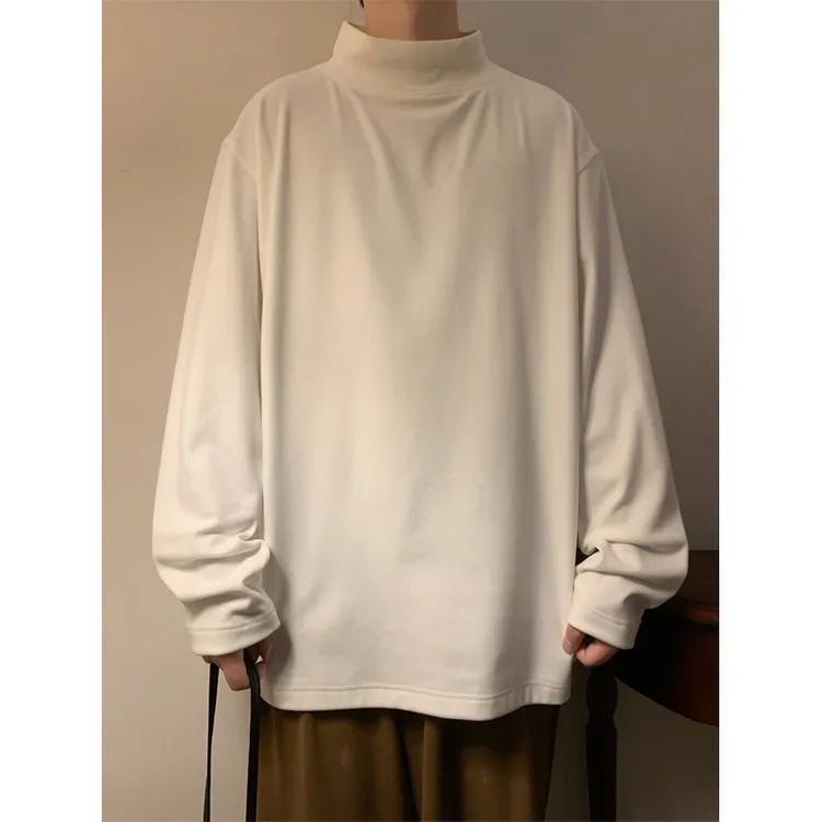 白色双面德绒加厚打底衫男款秋冬半高领内搭卫衣美式情侣长袖t恤