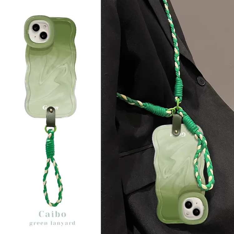 绿色晕染斜跨简约15手机壳iPhone14ProMax双支架防摔硅胶小众