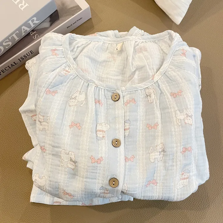 双层纯棉纱布睡衣女夏季新款短袖日系可爱猫咪夏天100%全棉家居服