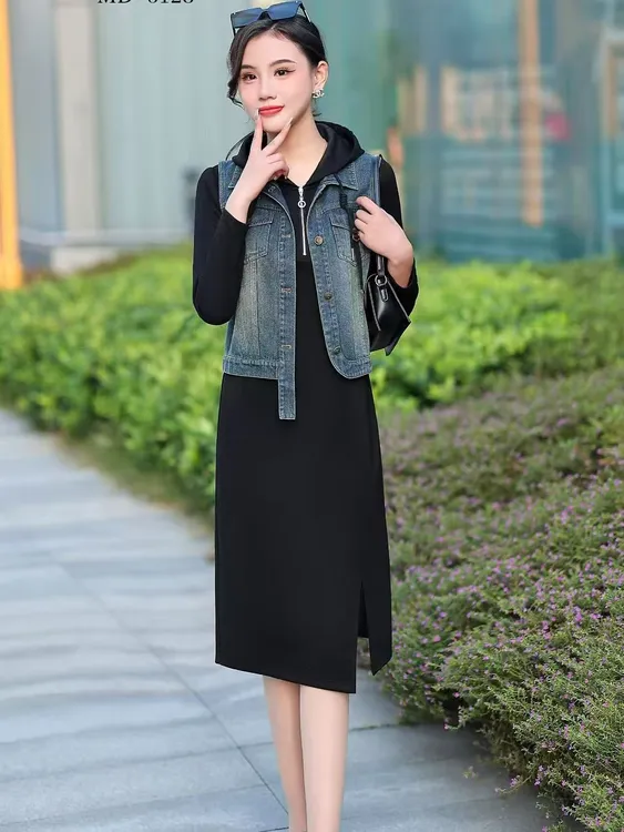 【F2292】时尚连衣裙两件套休闲宽松连帽裙子+牛仔马甲女装2025春