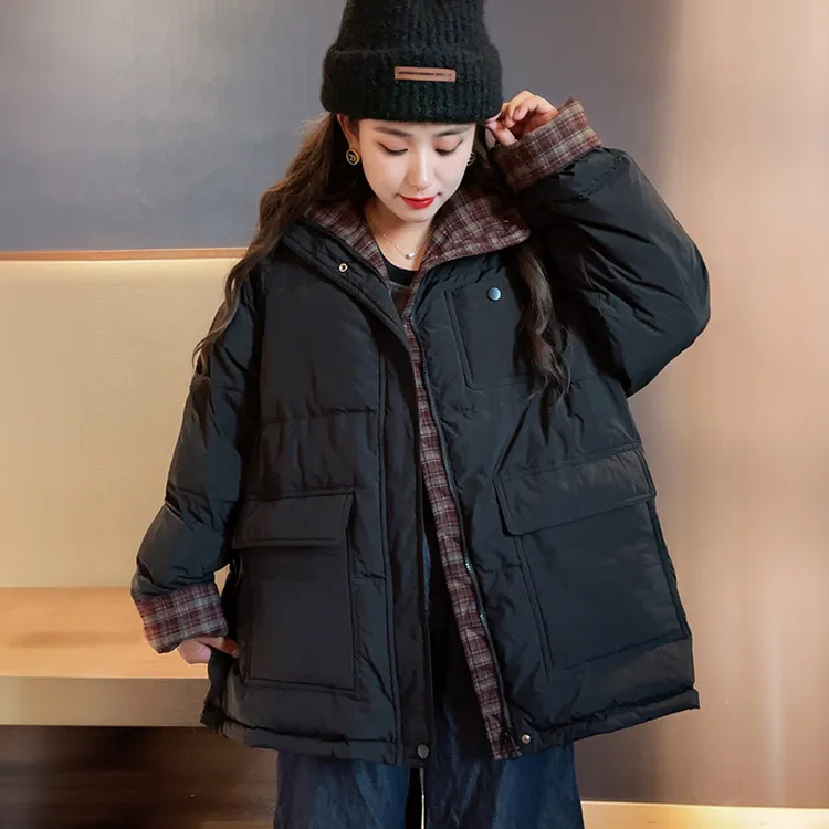 大码拼色中长款羽绒服2025秋冬新款大口袋情侣款加厚保暖鸭绒外套