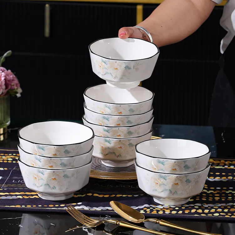 佳园瓷艺   10只金丝牡丹家用陶瓷餐具4.5英寸米饭碗饭碗套装
