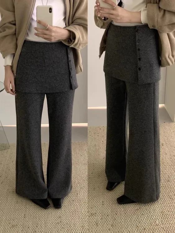 深灰色加绒假两件屁帘阔腿裤女秋冬大码胖mm高腰毛呢拖地喇叭裤子