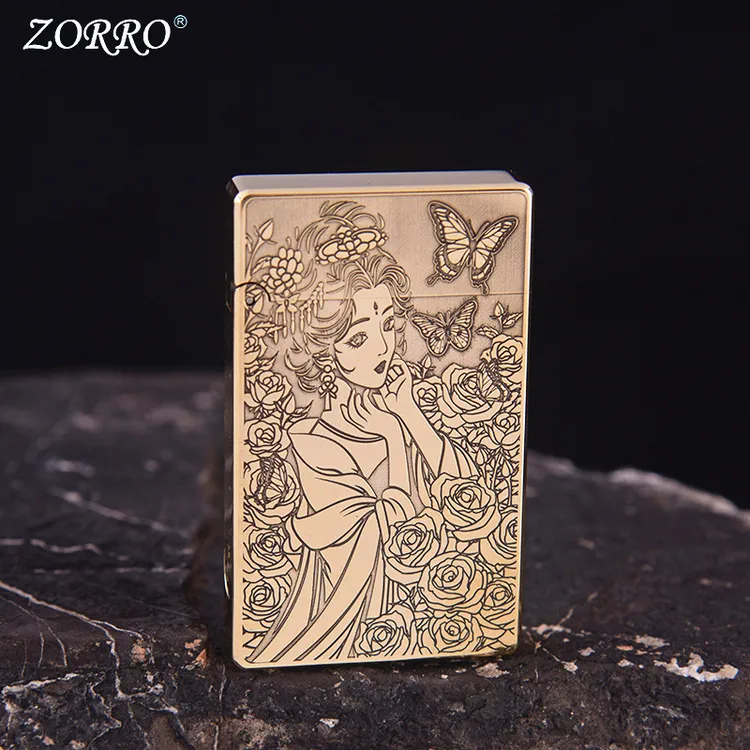 ZORRO佐罗799古典美女朗声纯黄铜一体打火机煤油防风超薄