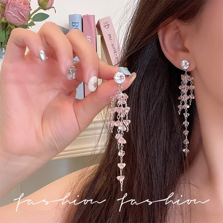 合金锆石耳饰 长款粉色锆石流苏蝴蝶结甜美气质耳钉春夏新款百搭