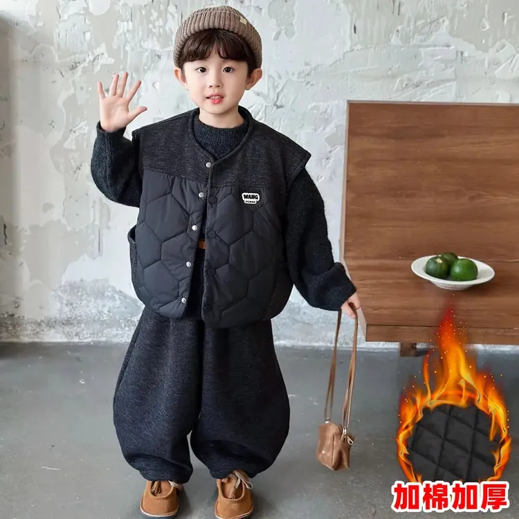 男童秋冬季夹棉马甲三件套2025新款儿童冬装加厚毛衣男孩保暖套装