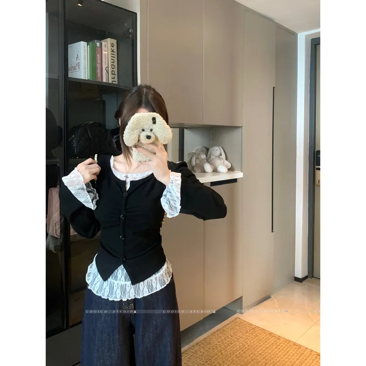 2025秋装新款胖mm大码女韩系蕾丝拼接长袖T恤假两件修身上衣80400