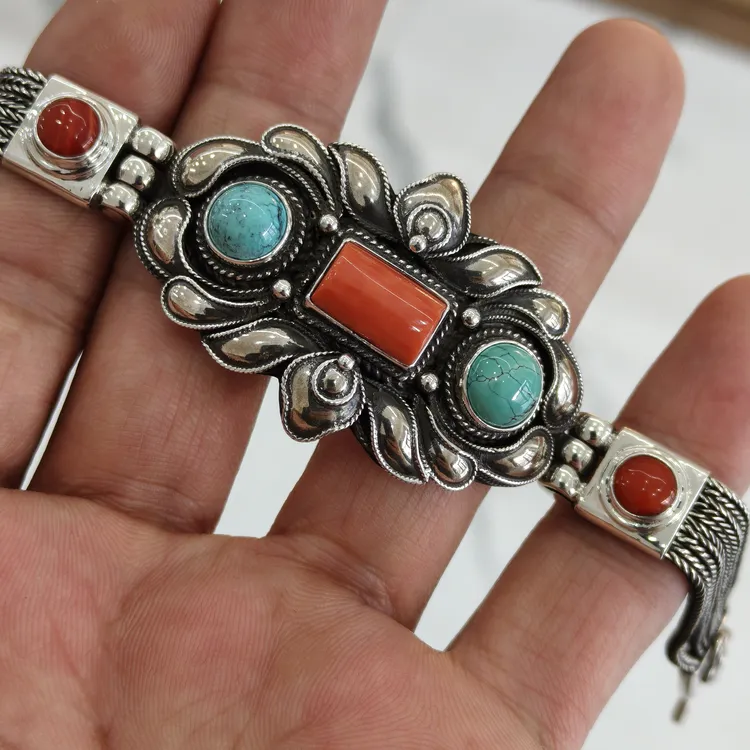 足银银制品 做旧精美镶嵌纯手工足银手链手工掐丝工艺复古