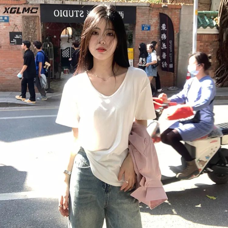 v领正肩短袖t恤夏季2025新款松弛感高弹内搭宽松显瘦纯色上衣女