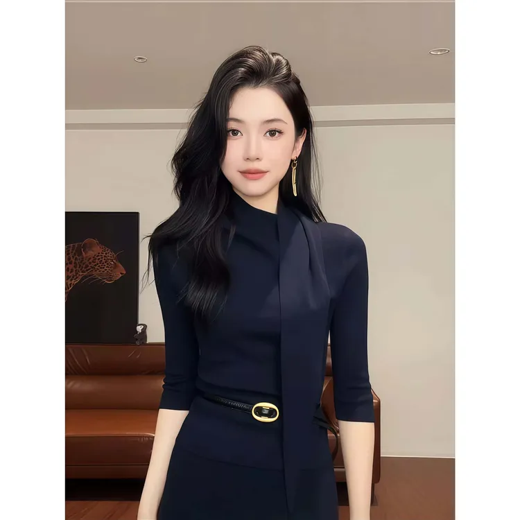 时尚气质优雅荡领五分袖打底衫女早秋新款高级感修身百搭纯色上衣