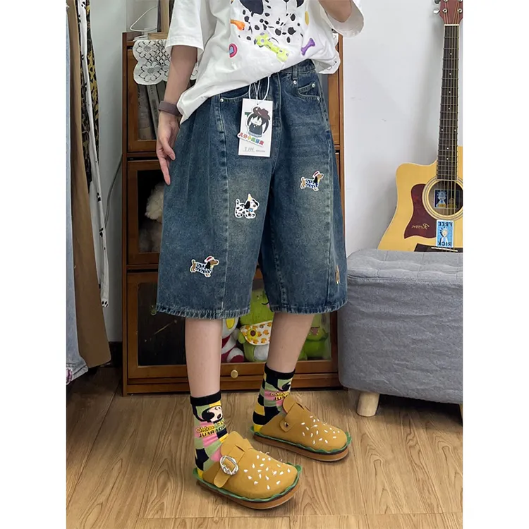 大码趣味小狗贴布绣阔腿牛仔七分裤女夏季复古设计感宽松直筒短裤