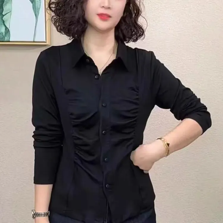 时尚洋气百搭减龄长袖纯色POLO衫气质高档中年妈妈修身衬衫上衣