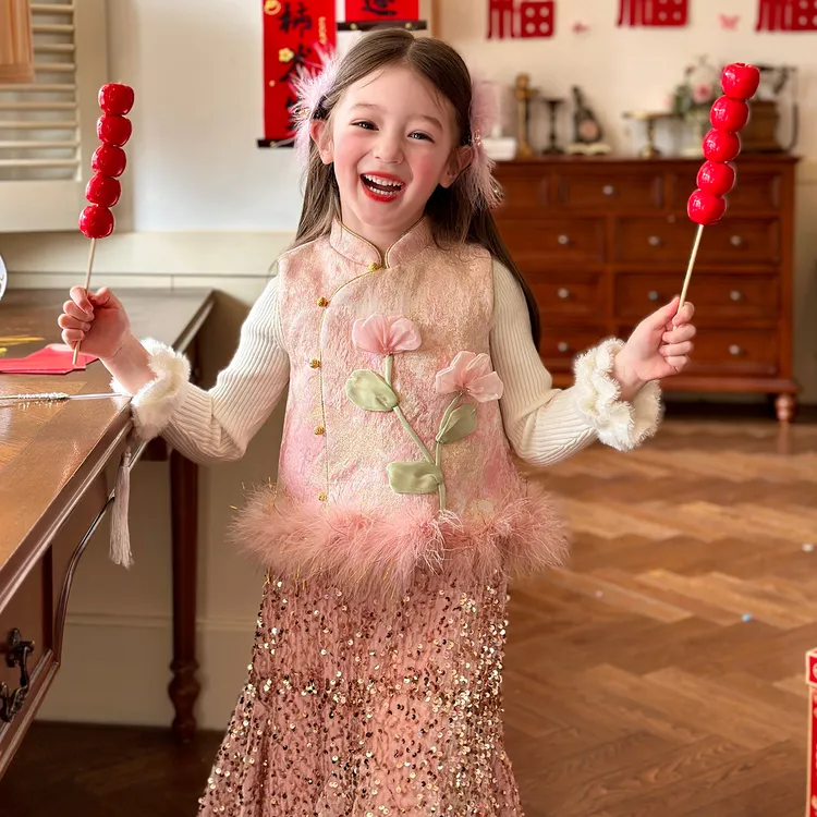 栀了成长记童装女童新中式马甲套装2025冬季裙子甜美花朵夹棉上衣