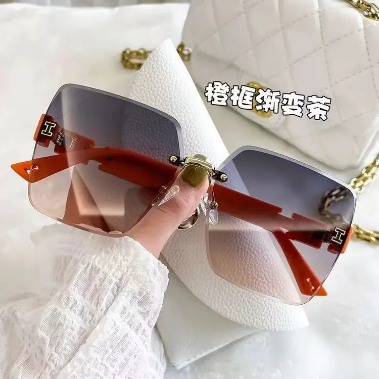 新款无框切边太阳镜女士欧美复古大框渐变色墨镜户外遮阳防紫外线