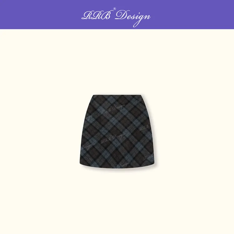 RRB Design「复古英伦」日本进口羊毛格纹修身显瘦拼色半身裙A字裙