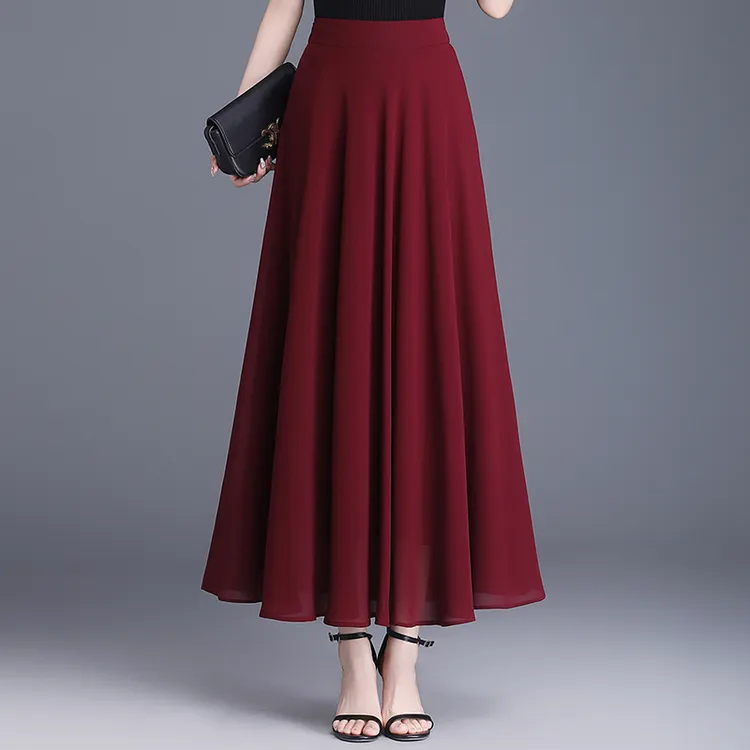 雪纺半身裙女2025夏季新款高腰显瘦纯色垂感百褶大摆a字裙