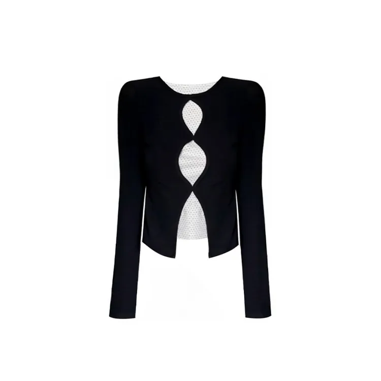 韩系复古假两件镂空波点长袖t恤2025秋季新款修身显瘦纯欲女上衣