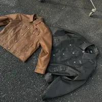 D29#某wu4张！品相太好拼手速！复古水洗翻领皮衣外套立裁夹克男女