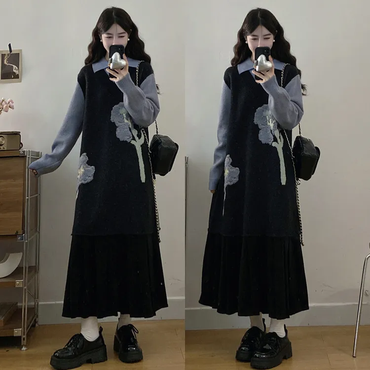 大码胖mm秋冬新款韩版假两件针织提花长款毛衣百褶裙连衣裙女