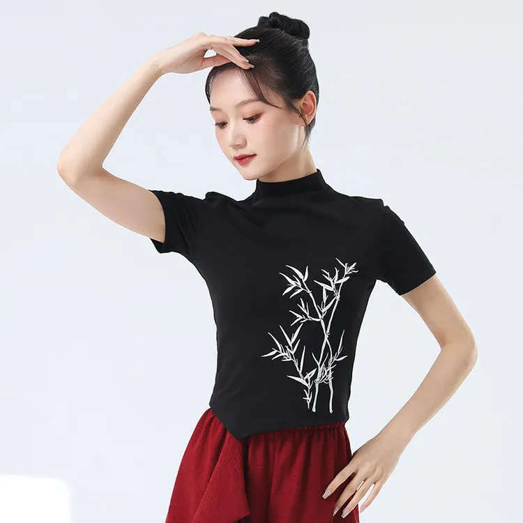新中式国风复古刺绣现代舞练功服女半高领短袖舞蹈服古典舞训练服