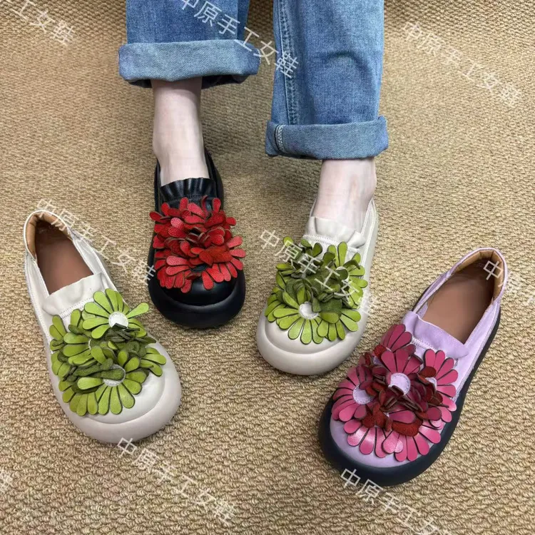 秋季新款厚跟平底单鞋花朵纯色浅口薄款单靴舒适百搭女鞋