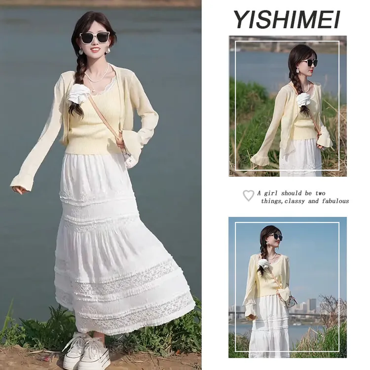 2025新款春夏韩系温柔风背心针织开衫百搭蕾丝拼接半身裙三件套