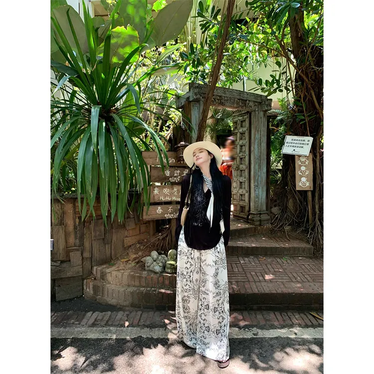 休闲衣服女慵懒风夏季老钱风气质宽松百搭长袖上衣休闲直筒阔腿裤