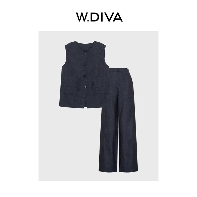 W.Diva【露华浓】100原生亚麻简约通透松弛感马甲长裤套装52D192476