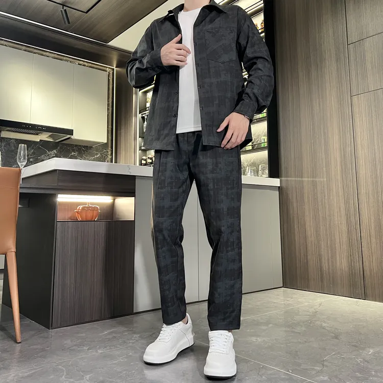 早秋新款格子男士套装时尚百搭套装格子衬衫男士长裤休闲运动套装