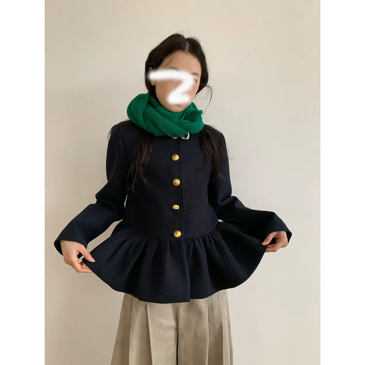 秋冬法式百搭小立领花苞短外套女小香风新中式上衣压褶阔腿裤套装