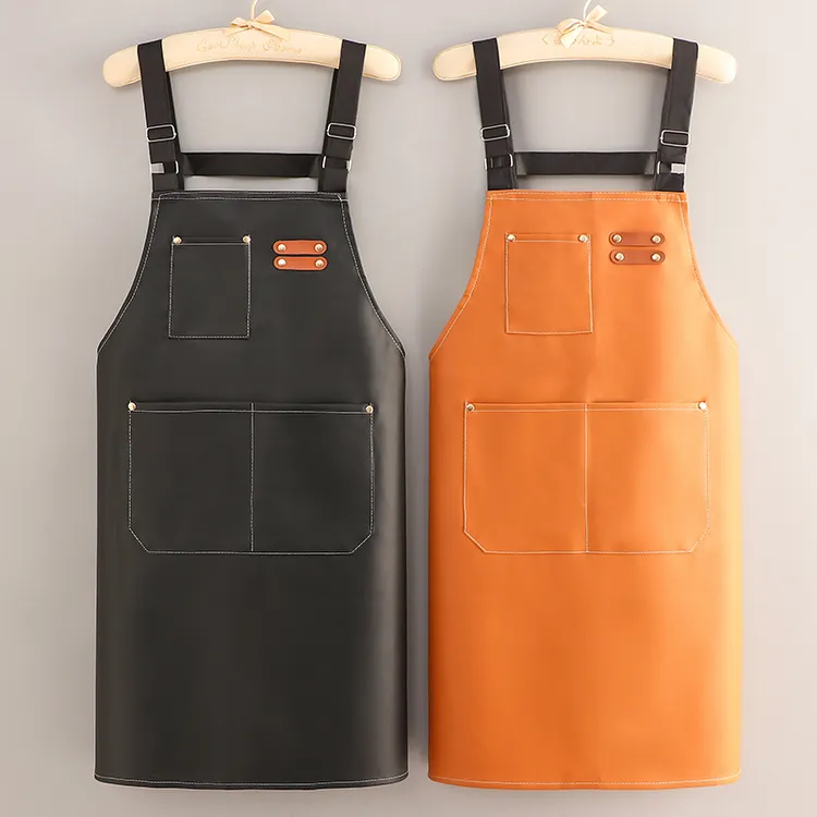 免洗PU可调节背带围裙防水防油污一擦即净厨房餐饮专用工作服定制