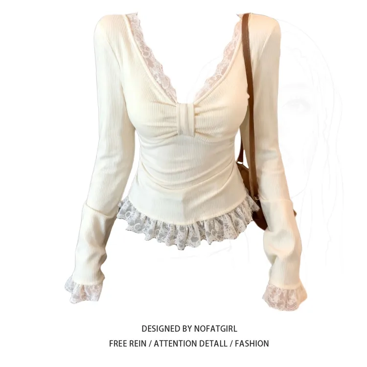 大码胖MM法式蕾丝拼接V领长袖打底衫女秋冬新款修身显瘦温柔上衣