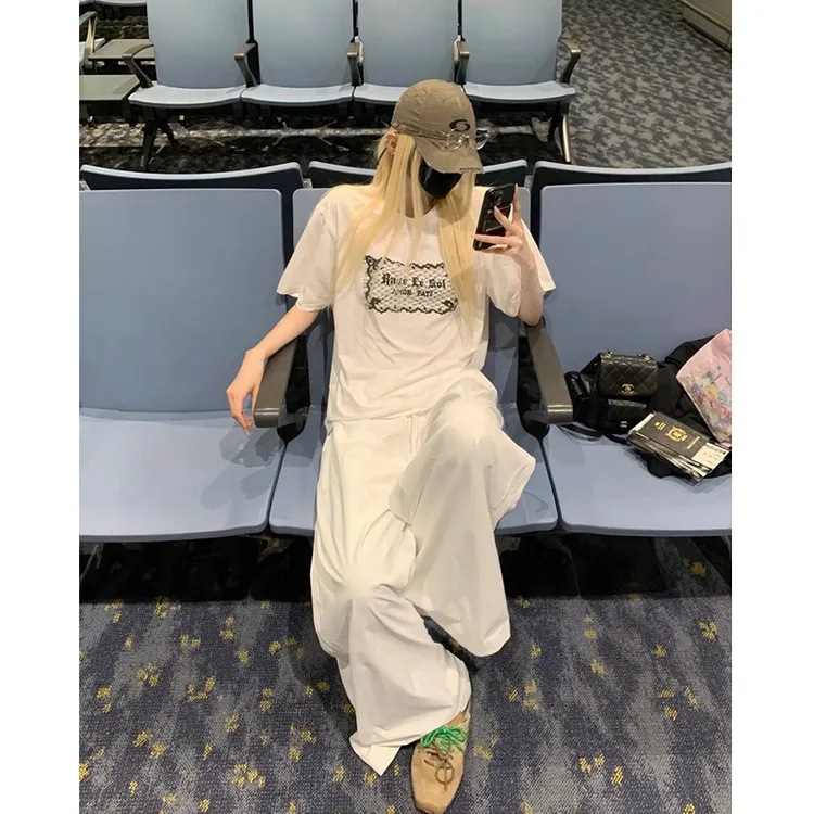 Two Million/复古微透宽松T恤女+假两件腰头拼接拖地裤抽绳裤子