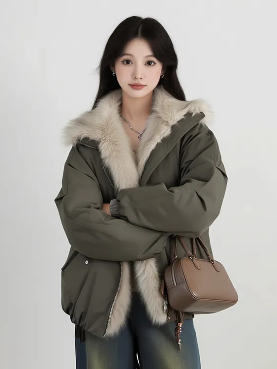 环保皮草拼接花苞毛领派克服外套男女冬季巴恩风绿色加厚短款棉服