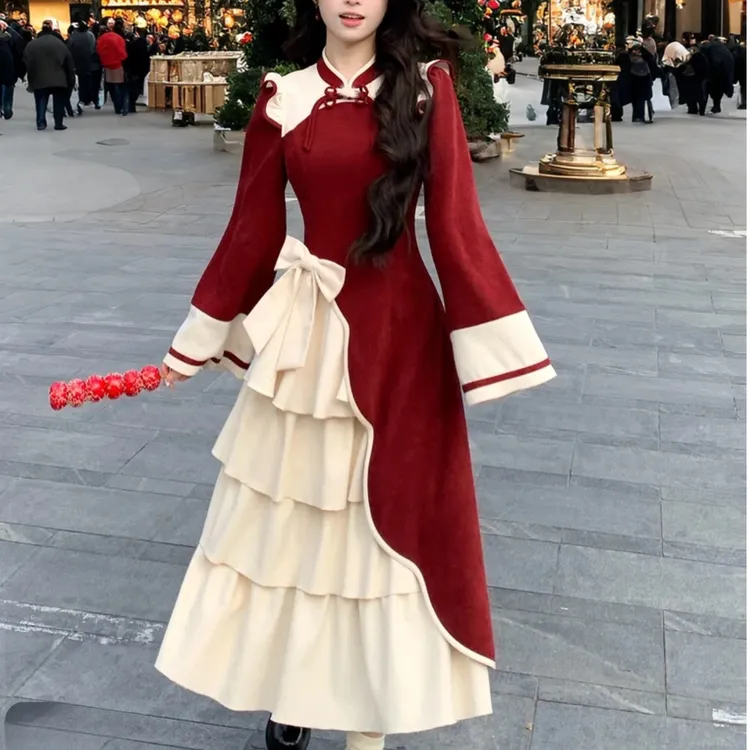 2024秋冬新款新中式气质旗袍拼接连衣裙女装俏皮蝴蝶结拜年短裙子