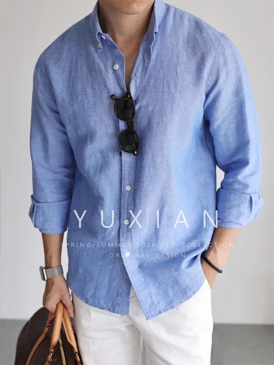 YUXIAN意式亚麻棉色织长袖衬衫休闲商务纯色通勤透气吸湿衬衣春夏