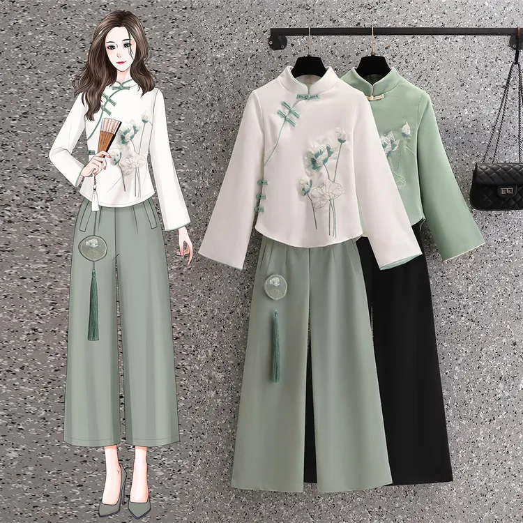 中式复古春款唐装改良旗袍文艺小个子国风茶服唐装荷花刺绣套装女