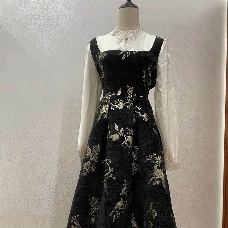 古着新中式黑色假两件气质显瘦秋冬季长裙复古轻奢