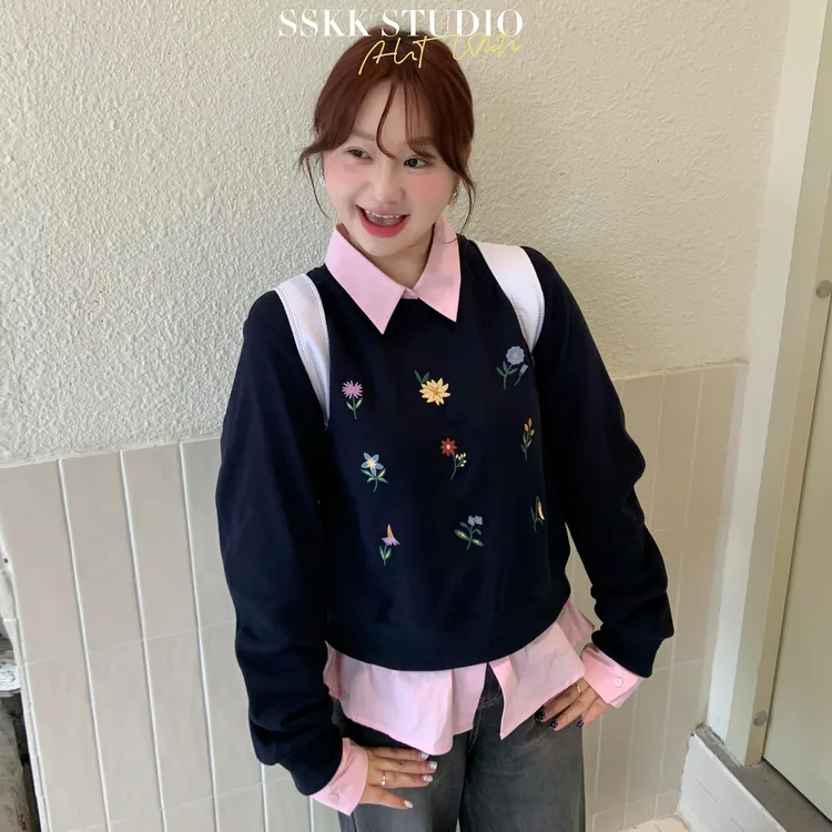 KMZY/KMZY山_山【韩女配方】微胖韩系简约花朵刺绣拼接假两件卫衣女