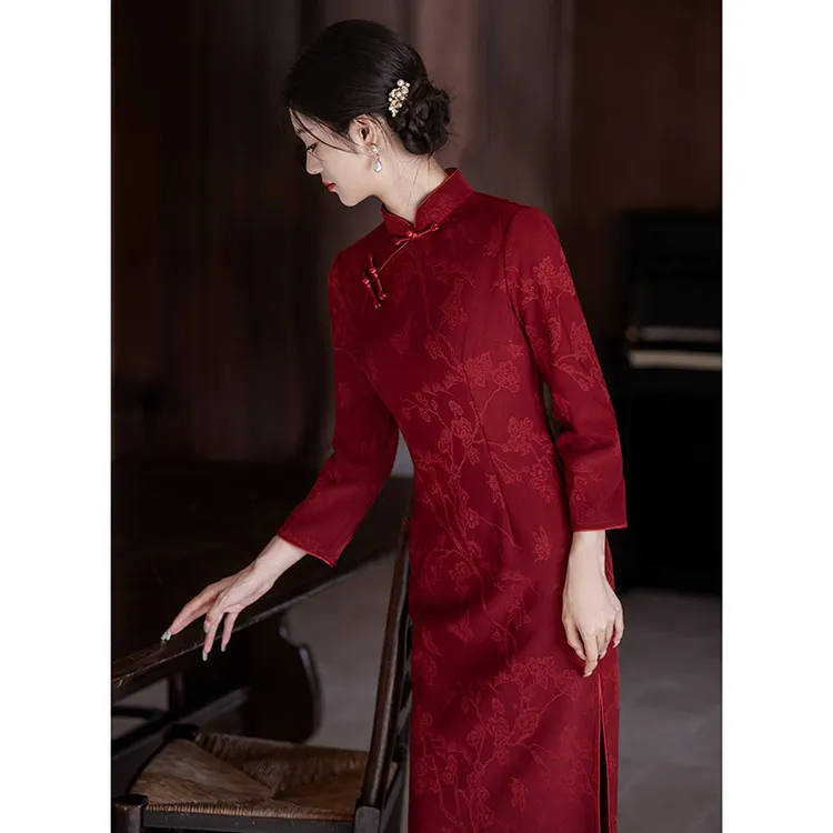 中式酒红色会结婚敬酒服秋冬长袖旗袍中国风气质修身日常连衣裙气