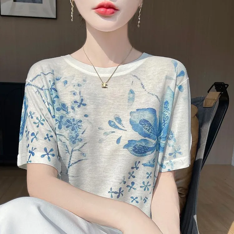 圆领印花t恤夏季新款简约百搭休闲短袖时尚印花设计感上衣圆领